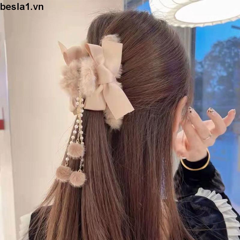 🌈Kẹp tóc hình nơ phối lông tua rua xinh xắn phong cách Hàn Quốc hợp thời trang cho nữ