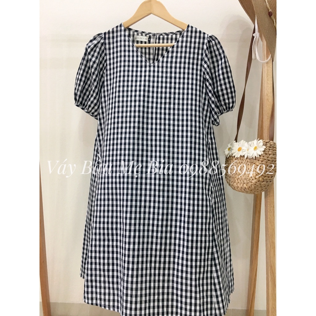 Váy bầu bigsize - Đầm bầu thiết kế GuMe màu Caro Đen Cổ V Sườn Thiên Tay Bo size 40-100kg  MB208 - ảnh thật