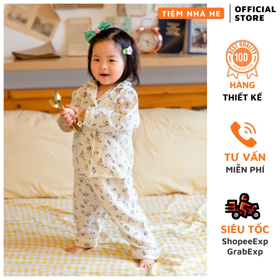 Bộ Đồ Ngủ Pijama Cho Bé Gái Tiệm Nhà He Set Quần Áo Trẻ Em Dài Tay Mặc Nhà Chất Muslin Cao Cấp