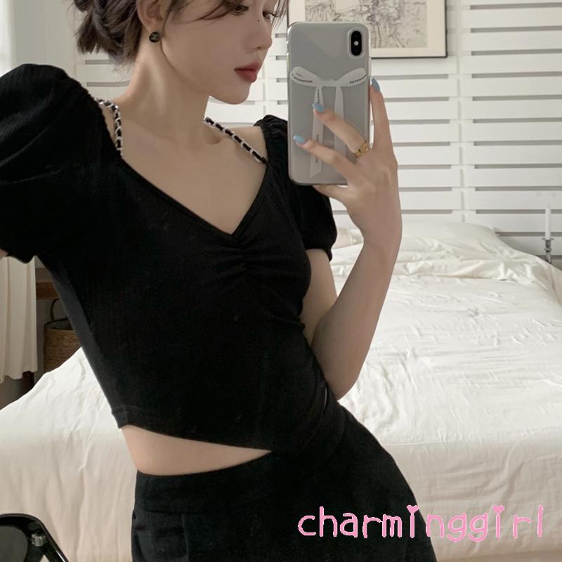 CHM-Women´s Halter Crop Tops Short Sleeve Solid Color Back Hollow Out Slim Fit T-Shirts