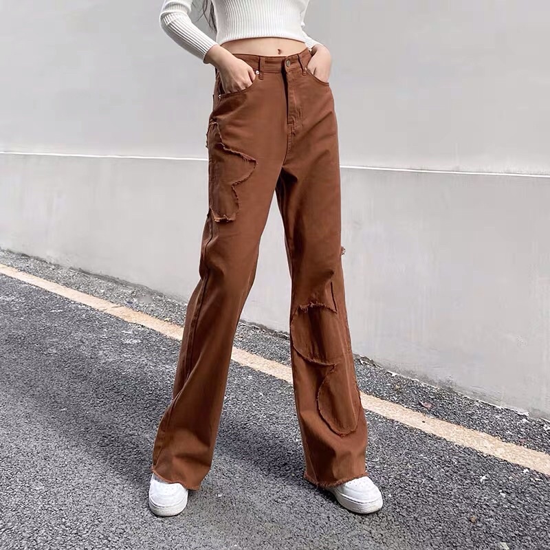 Quần jean 90's cullotes nâu hoạ tiết hoa phong cách Âu Mỹ