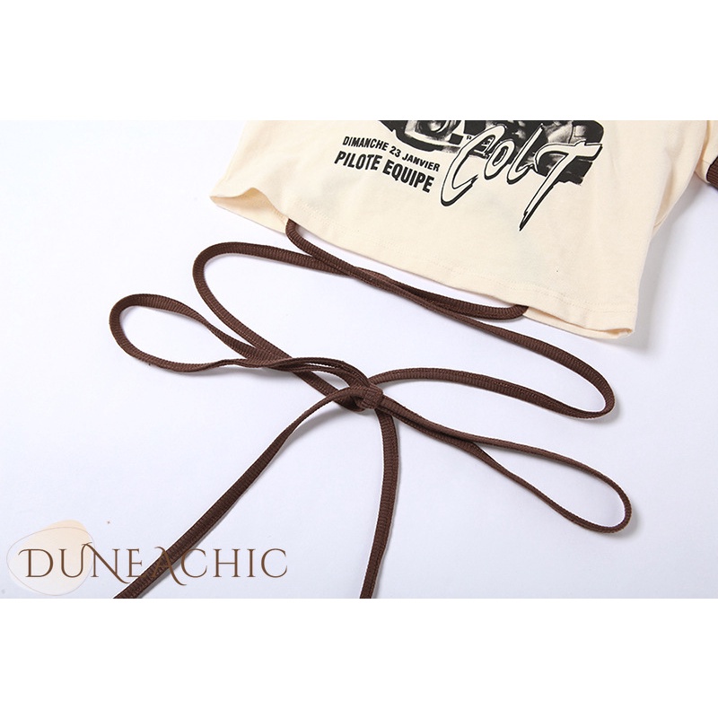 DUNEA Áo thun croptop tay ngắn thắt dây in họa tiết thời trang cho nữ