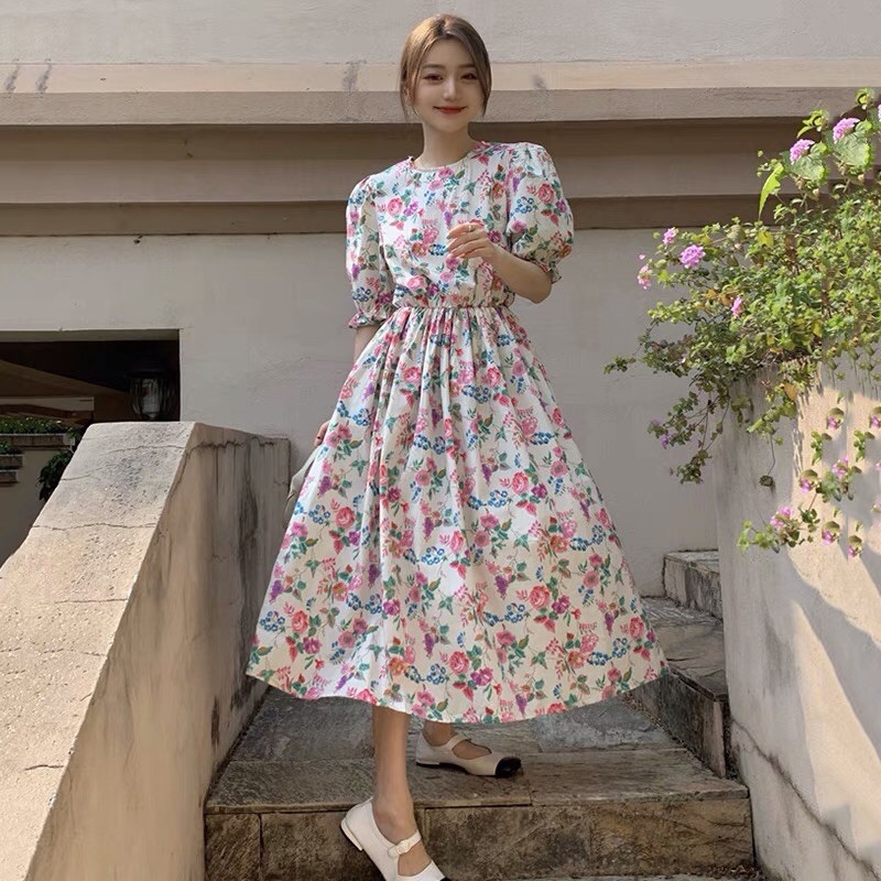 [HÀNG ORDER] Váy Đầm hoa nữ dài tay phồng nữ dáng xoè chiết eo phong cách Hàn Quốc AH1137