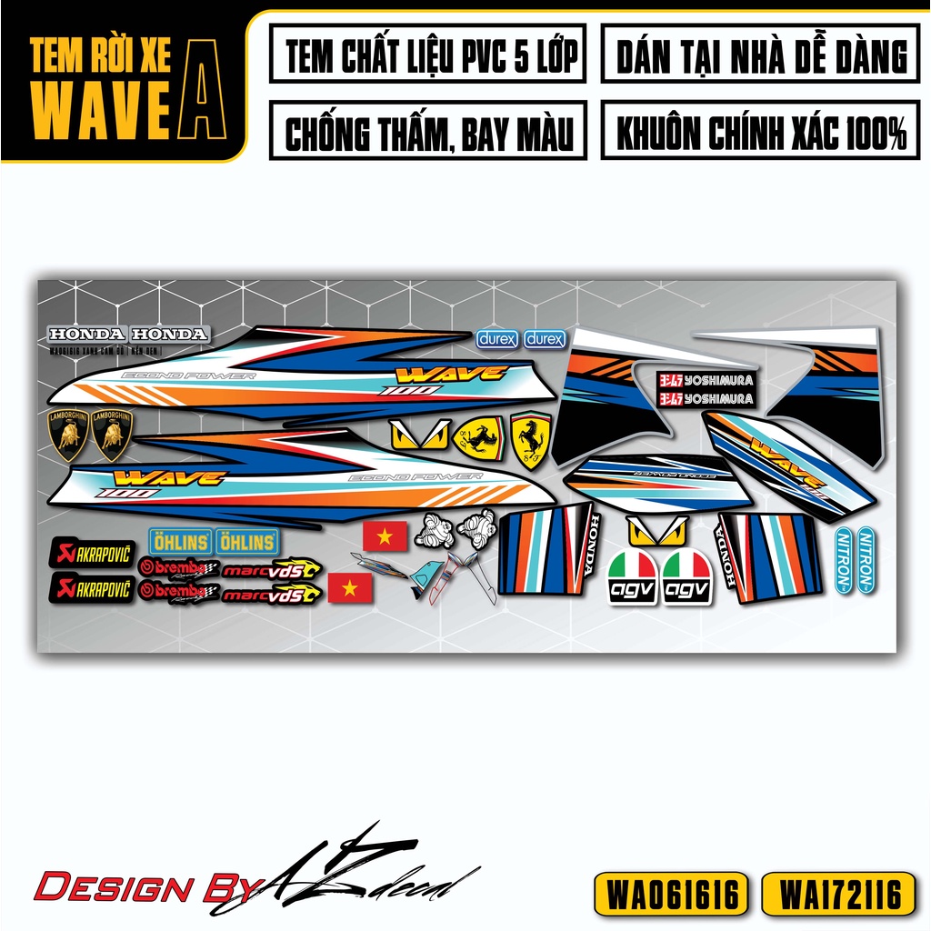 Decal Rời Xe Wave Alpha 110 100 Tặng Kèm Sticker | WA16 | Tem Chế Dán Xe Máy Wave A Chống Thấm Nước Bền Màu