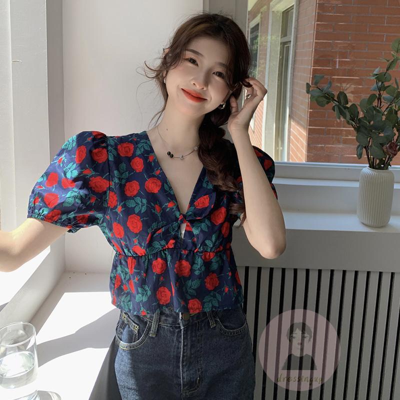 Áo Thun Ngắn Tay Cổ Chữ V Thắt Nút Trước In Họa Tiết Hoa Hồng Cho Nữ