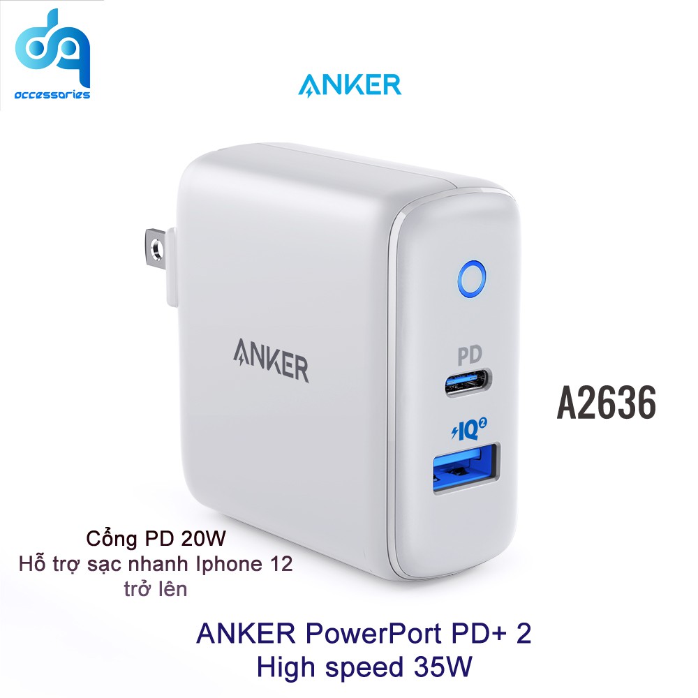 Sạc Anker PowerPort PD+2 - A2636 - cổng 35W , 1 USB-C PD 20W, 1 PowerIQ 2.0 15W