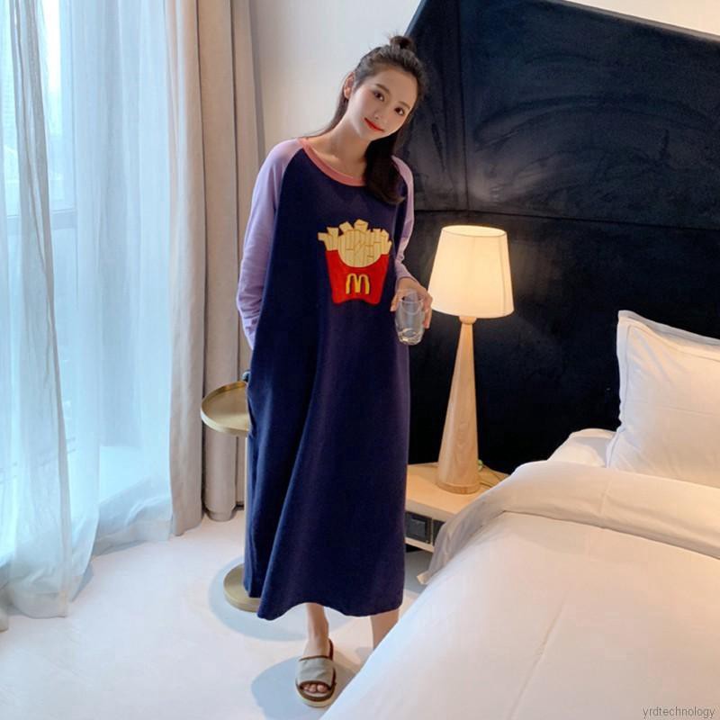 Fashion Stitching Color Cartoon Print Long-sleeved Loose Casual Nightdress | WebRaoVat - webraovat.net.vn