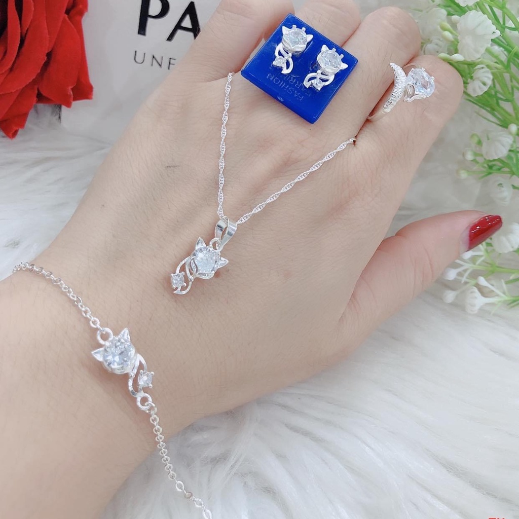 Bộ trang sức bạc mặt hồ ly nhiều màu gồm 4 món, Sét trang sức bạc phong thủy sang trọng nữ tính