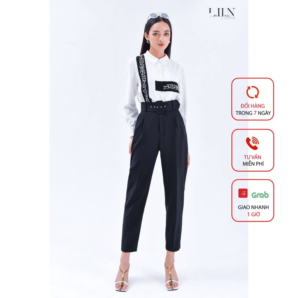 Quần baggy nữ LINBI màu đen kèm đai kiểu dáng thanh lịch, sang trọng Q3197