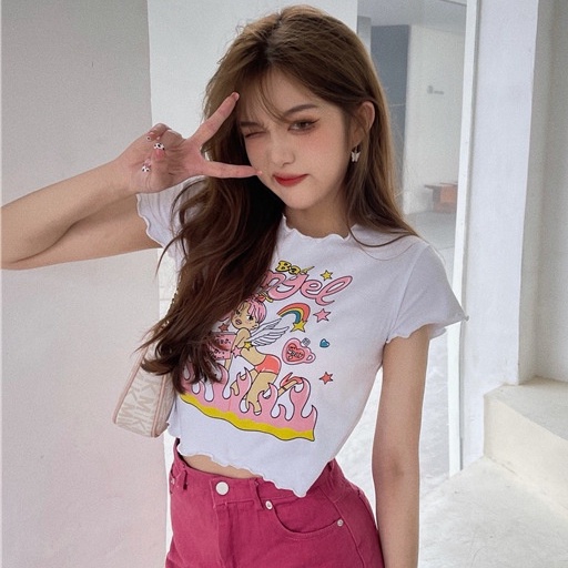 Áo Thun Ngắn Tay Màu Trắng Phong Cách Hàn Quốc Dễ Phối Đồ Thời Trang Mùa Hè Dành Cho Nữ