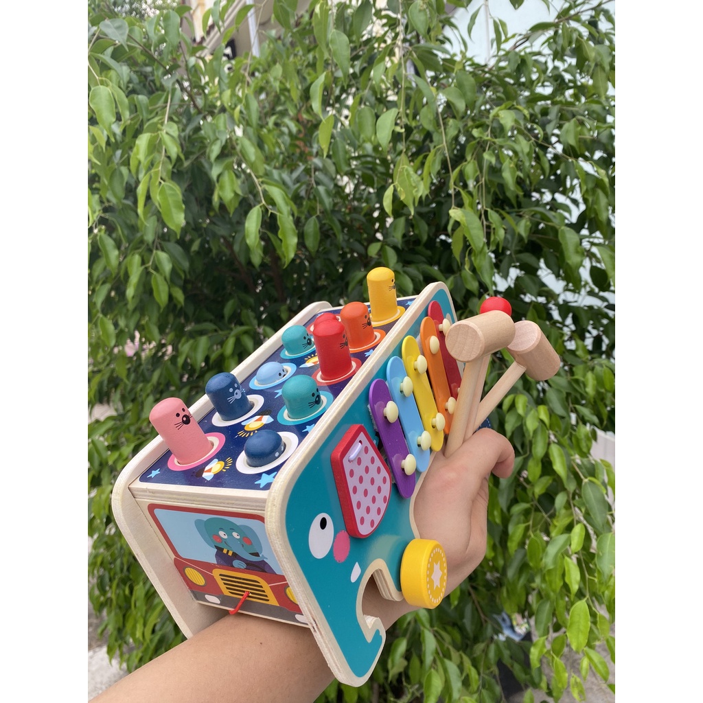 Đồ chơi gỗ đập chuột hình con voi kèm đàn, kèm bánh răng xoay 5 in 1 cho bé phát triển trí tuệ