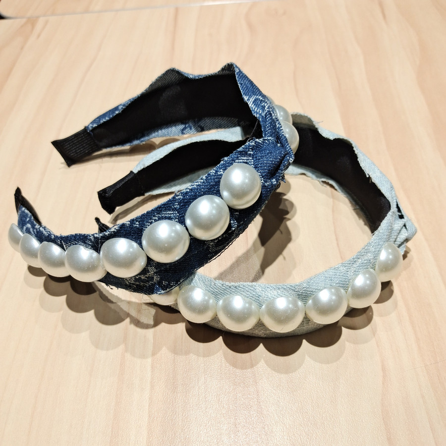 Băng Đô Vải Denim Đính Ngọc Trai Nhân Tạo Thời Trang Sang Trọng