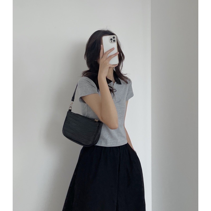 [Mã WASKT304 giảm 15% tối đa 30K đơn 99K] áo polo croptop cổ khoá 2379