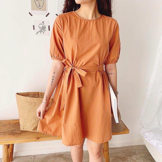 Váy xoè đũi trơn ngắn thắt nơ eo