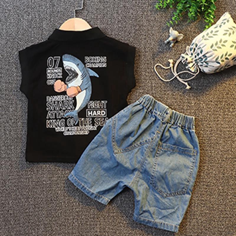 Children Boy Sleeveless Letters Pattern Vest+Denim Shorts