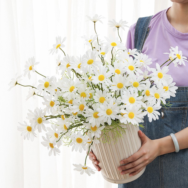 Hoa Giả - HOA CÚC HỌA MI Bằng Lụa - Daisy Cao Cấp - Giống Thật - 1 Cành 5 Bông Dài 27cm, Trang Trí Decor