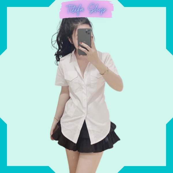 Áo Sơ Mi Nữ Tay Ngắn Có Hai Túi Ngực Áo Sơ Mi Nữ Đuôi Tôm Chất Vải Cotton - Titifa Shop