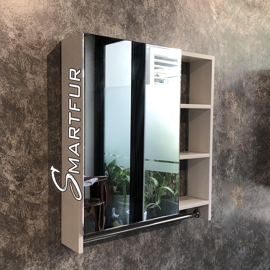 Tủ gương nhà tắm nhựa PVC cao cấp - Smartfur SMF60TK - Tủ gương phối hợp kệ đựng dụng cụ 3 tầng và thanh treo khăn