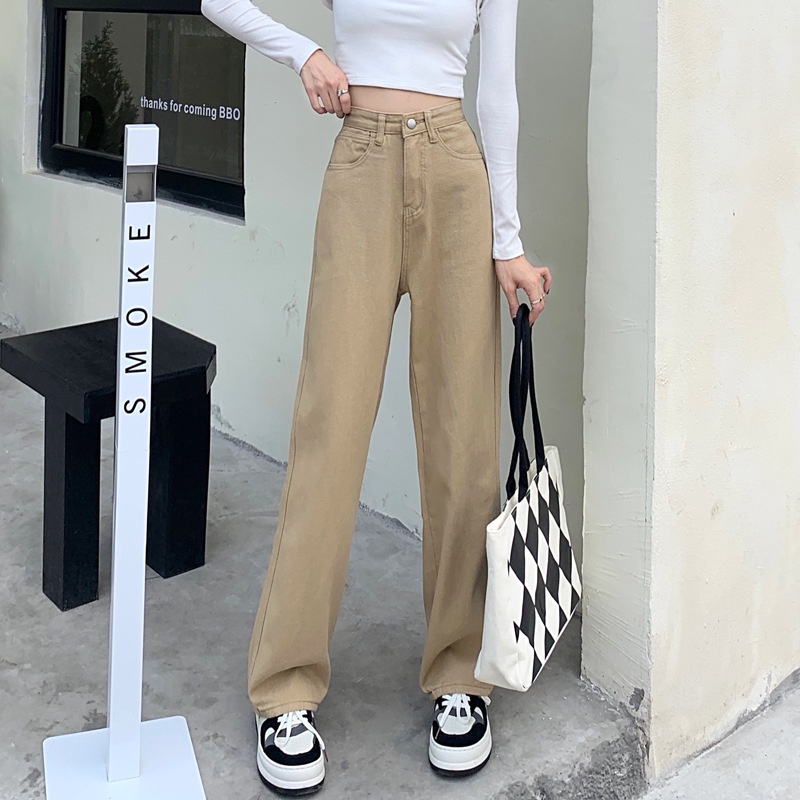 Quần ống rộng dáng suông nữ cạp cao, quần jean kaki ống đứng trơn màu nâu tây đủ size KUNNI95