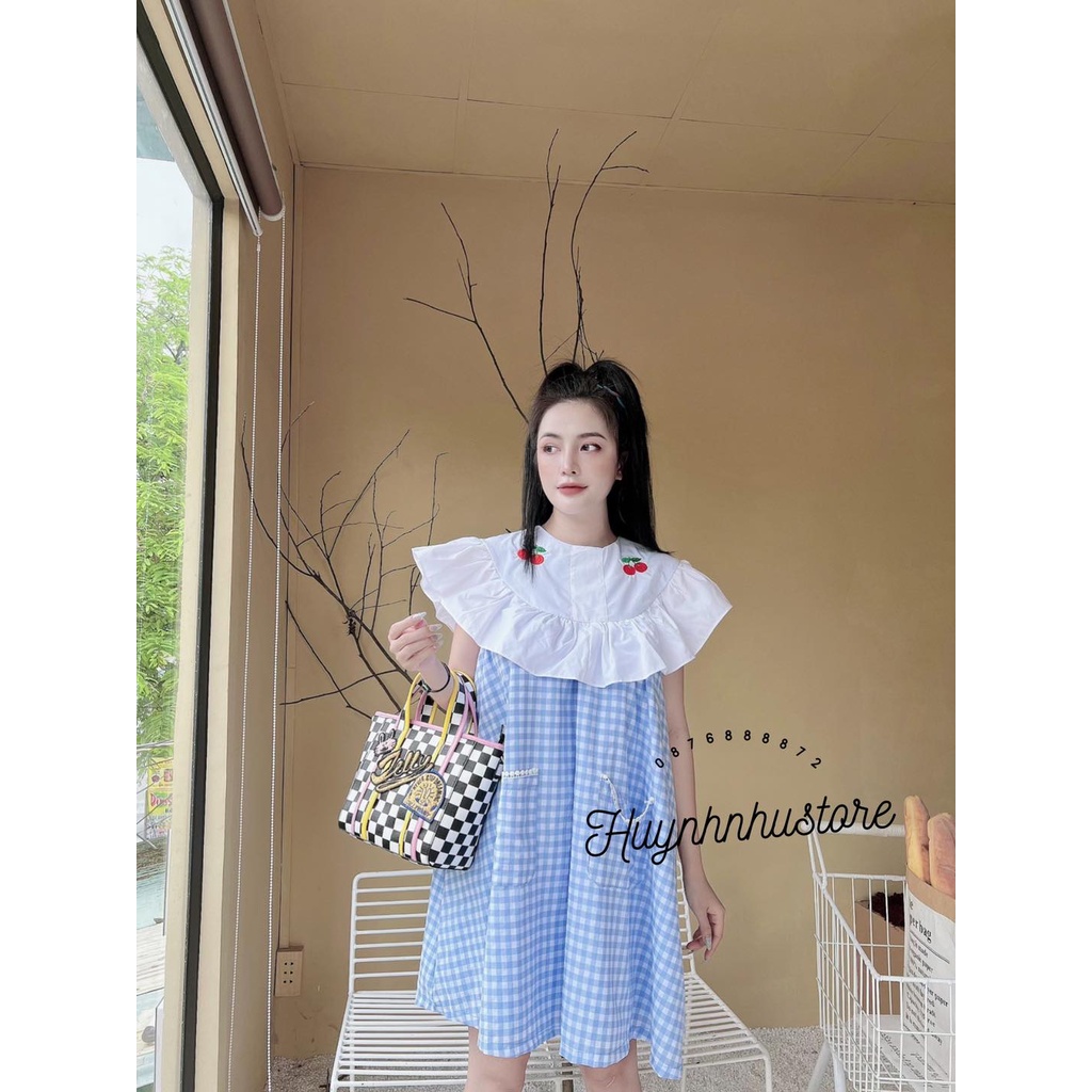 Đầm Caro In Hình Cherry Bánh Bèo Đáng Yêu Chất Liệu Thoáng Mát - HN031