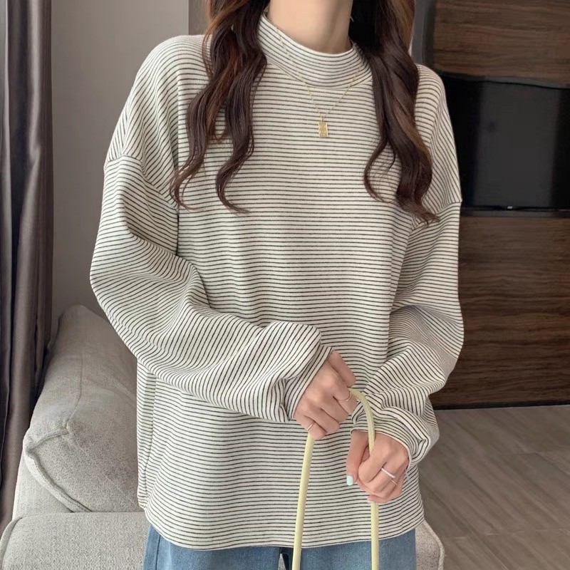 Áo nỉ sweater kẻ cổ lọ , áo len kẻ ngang cổ cao tay bồng cá tính năng động Queenshop