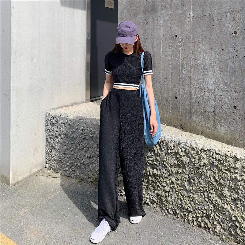 Set áo croptop tay ngắn và quần ống rộng kim sa màu đen &amp; xám H67 Hỉn Hỉn Store