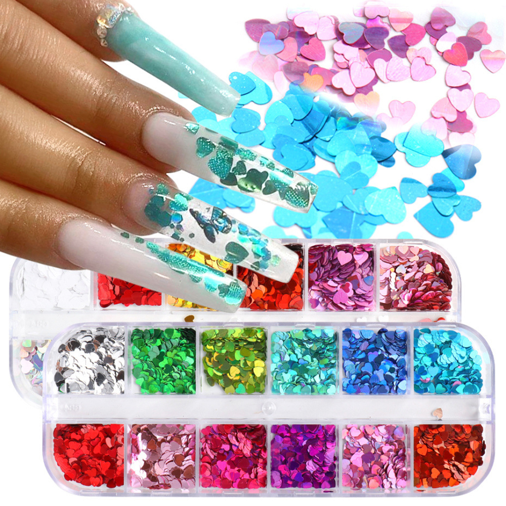 EXPEN 12 Grids/box Nail Sequins Laser Nail Glitter Flakes Nail Art Decoration 3D Love Heart DIY Sparkly Holographic Manicure