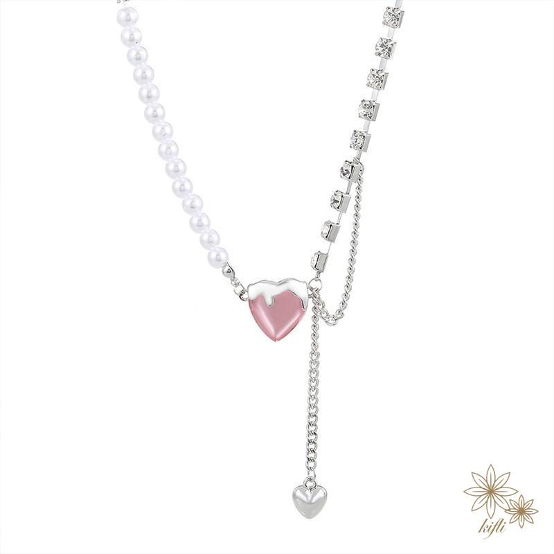 【Kifli】Vòng cổ trái tim ngọc trai Hàn Quốc cho phụ nữ Vòng cổ Choker bạc Phụ kiện Trang sức