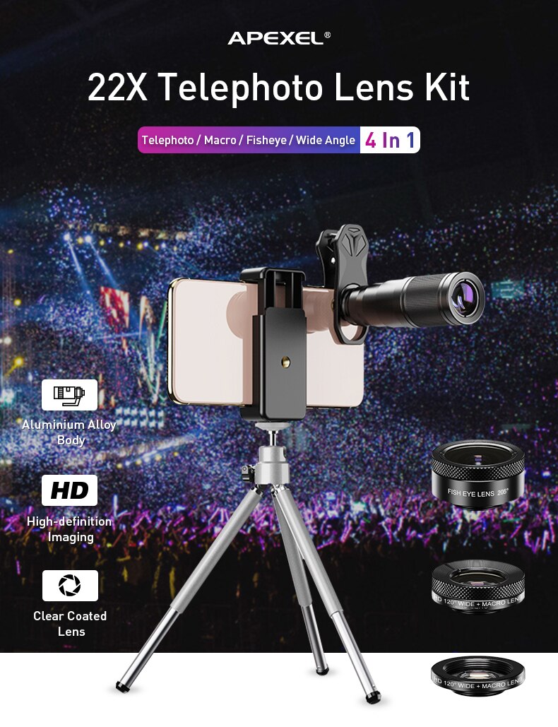 Apexel 4 In 1 Lens Kit 22x Zoom Wide Angle Wide Angle Hd For Iphone Samsung (Hy)