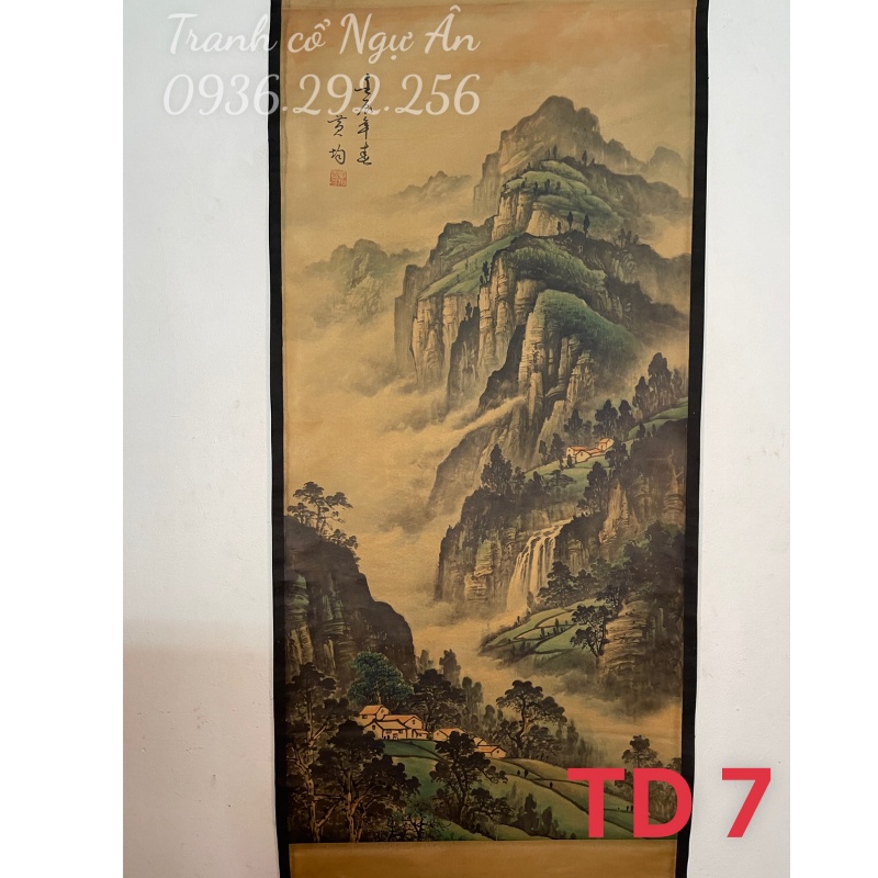 Tranh Sơn Thủy Hữu Tình tranh phong thủy rước tài lộc in họa cổ xưa 160x65cm giấy dầu tranh cổ Ngự Ân