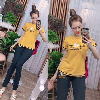 Đồ bộ mặc nhà nữ đẹp thun cotton quần dài áo thun tay ngắn - Chất liệu co giãn 4 chiều thoáng mát A022