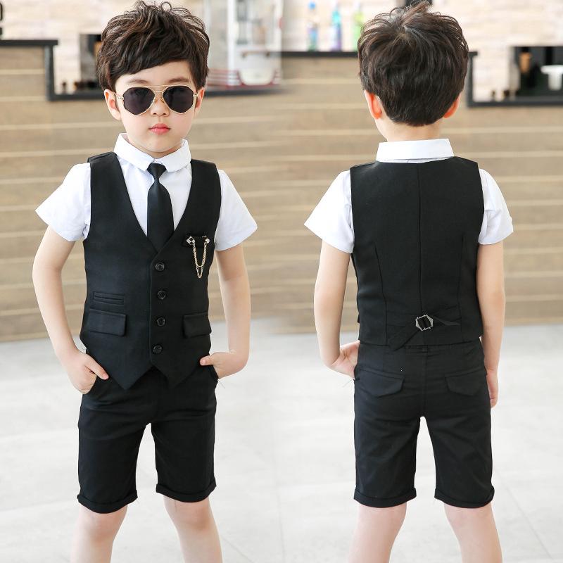 Set áo sơ mi tay ngắn + áo vest không tay khoác ngoài + quần short + nơ cổ thời trang cho bé trai