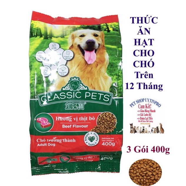 3 Gói Thức ăn hạt cho Chó trưởng thành CLASSIC PETS Gói 400g Vị thịt bò Bổ sung dinh dưỡng cho tất cả các giống Chó