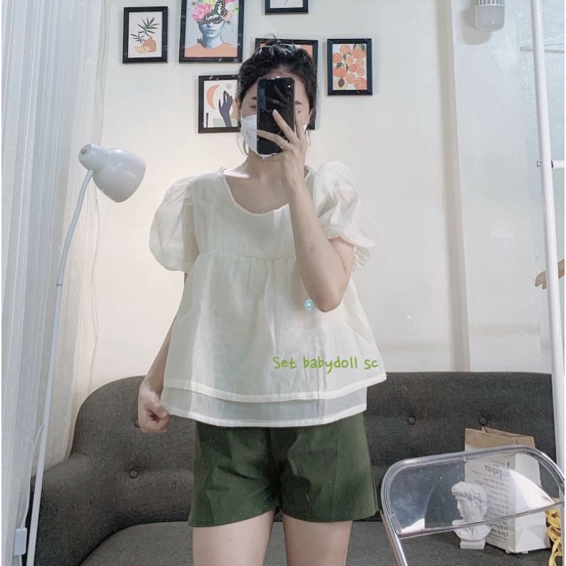 Set Babydoll áo voan mix quần short phong cách Ulzzang 🌸 Set Babydoll nữ tiểu thư