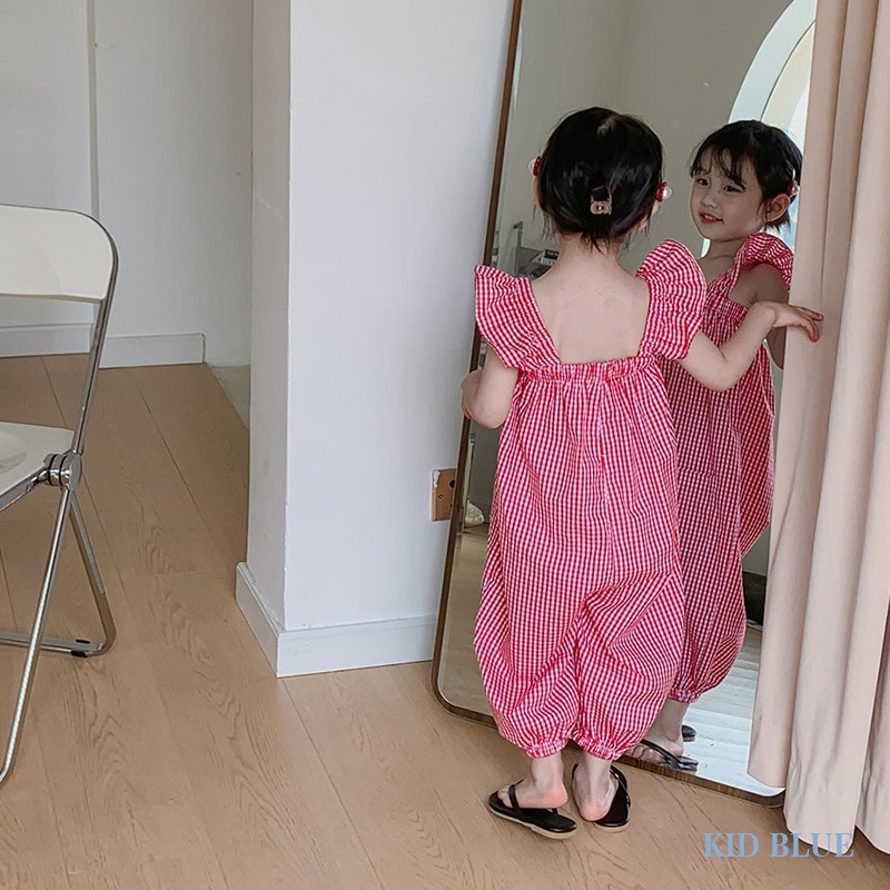 Bộ Áo Liền Quần Tay Cánh Tiên In Họa Tiết Ca Rô Phong Cách Hàn Quốc Dành Cho Bé Gái
