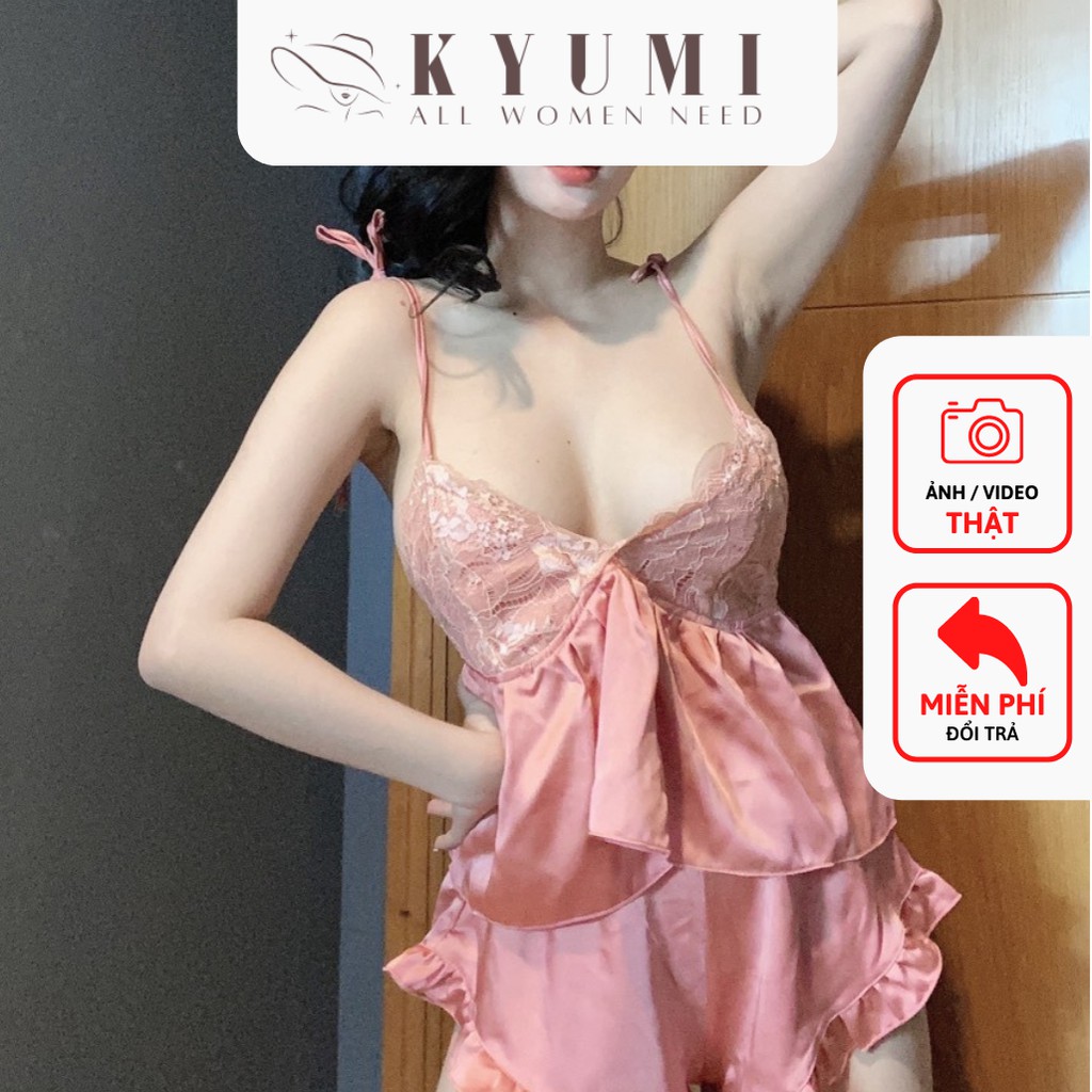Đồ ngủ sexy đồ ngủ 2 dây cột vai phối ren KYUMI OFFICIAL, chất liệu lụa satin mềm mại freesize 40-60kg tùy chiều cao 030 | BigBuy360 - bigbuy360.vn