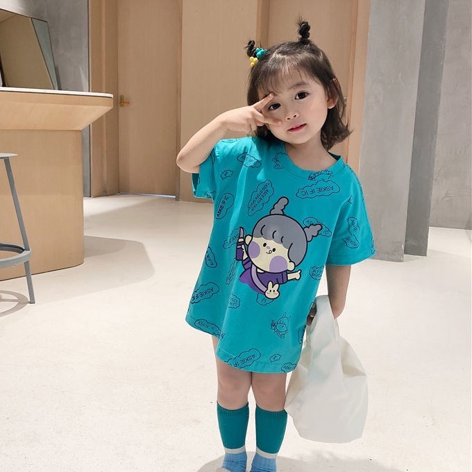 Đầm Thun Tay Ngắn Họa Tiết Hoạt Hình Dễ Thương Dành Cho Bé Gái