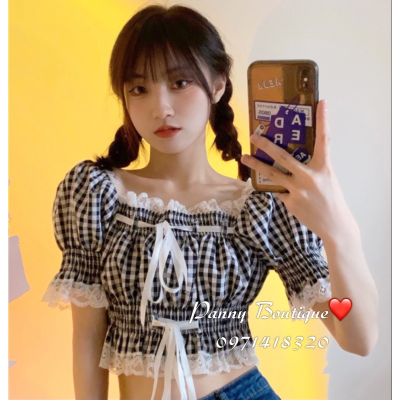 Áo croptop cổ vuông rút dây phối ren lolita xinh xắn, style ulzzang Hàn Quốc 🌻 Panny Boutique 🌻