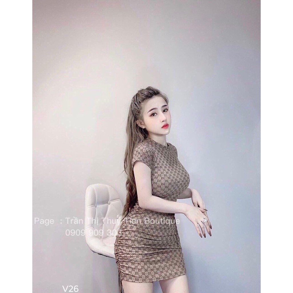 Đầm body cổ tròn họa tiết xếp ly | BigBuy360 - bigbuy360.vn