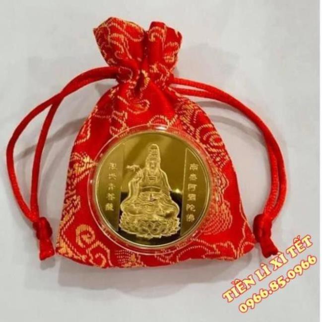 [[GIẢM GIÁ]]Đồng Xu Hình Phật Quan Âm Kèm Túi Gấm May Mắn Quà Tặng Phong Thủy