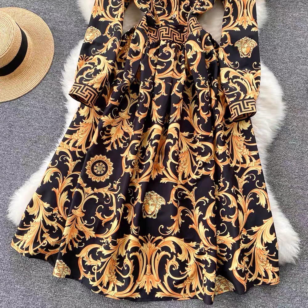 Đầm dự tiệc thiết kế họa tiết print Quảng Châu cao cấp váy lụa dài thương hiệu thời trang D&R D125