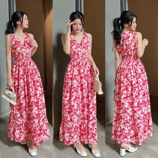 Maxi lụa hoa đỏ cổ V sát nách nhún eo, đầm váy dài dễ thương, thời trang nữ tiểu thư đi chơi dạo phố du lịch chụp hình