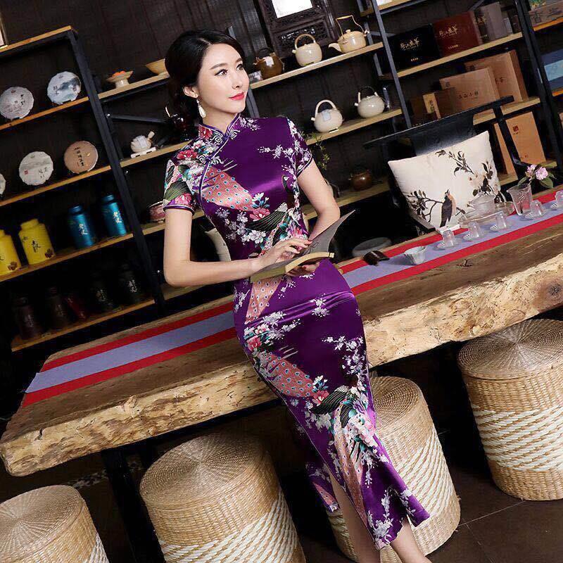 Sườn Xám Trung Hoa Tay Ngắn Dáng Dài Cỡ Lớn Thời Trang Cho Nữ