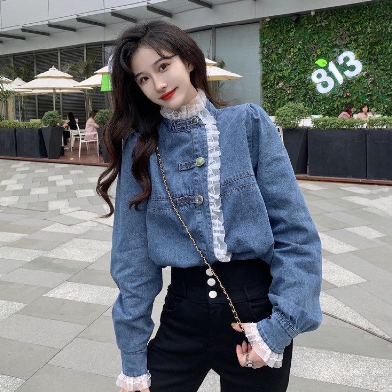 Áo bò nữ, áo sơ mi denim phong cách cổ điển Châu Âu 2022
