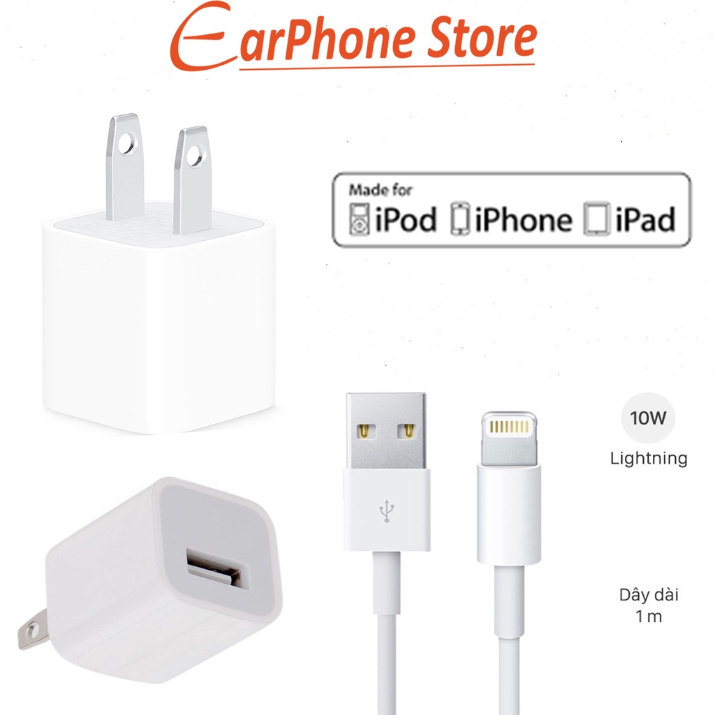 Bộ Sạc iPhone 5V-1A Củ Vuông - IPhone 6/ 6S Plus/ 7/ 7Plus/ 8/ 8 Plus/ X/ XS Max/ XR/ 11/12