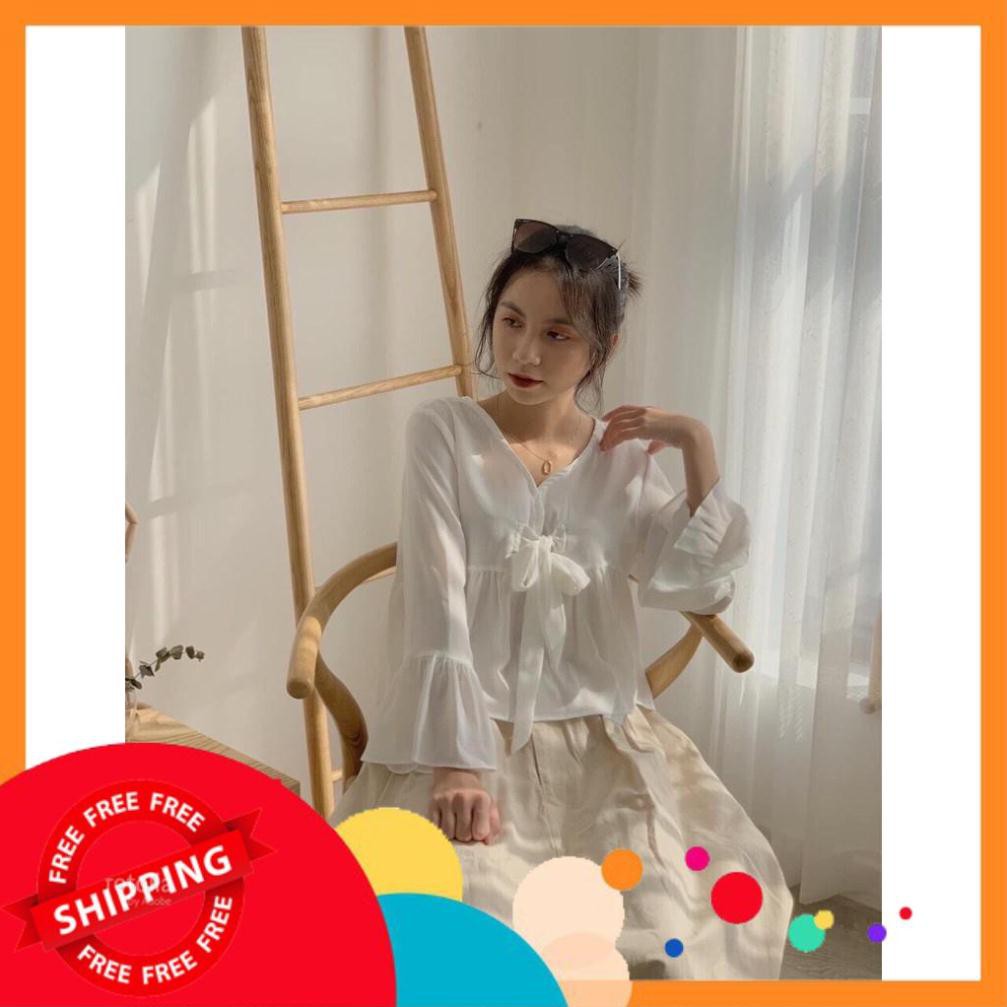 ÁO BABYDOLL TRẮNG TRƠN BUỘC NƠ CỔ V TAY LOE ULZZANG