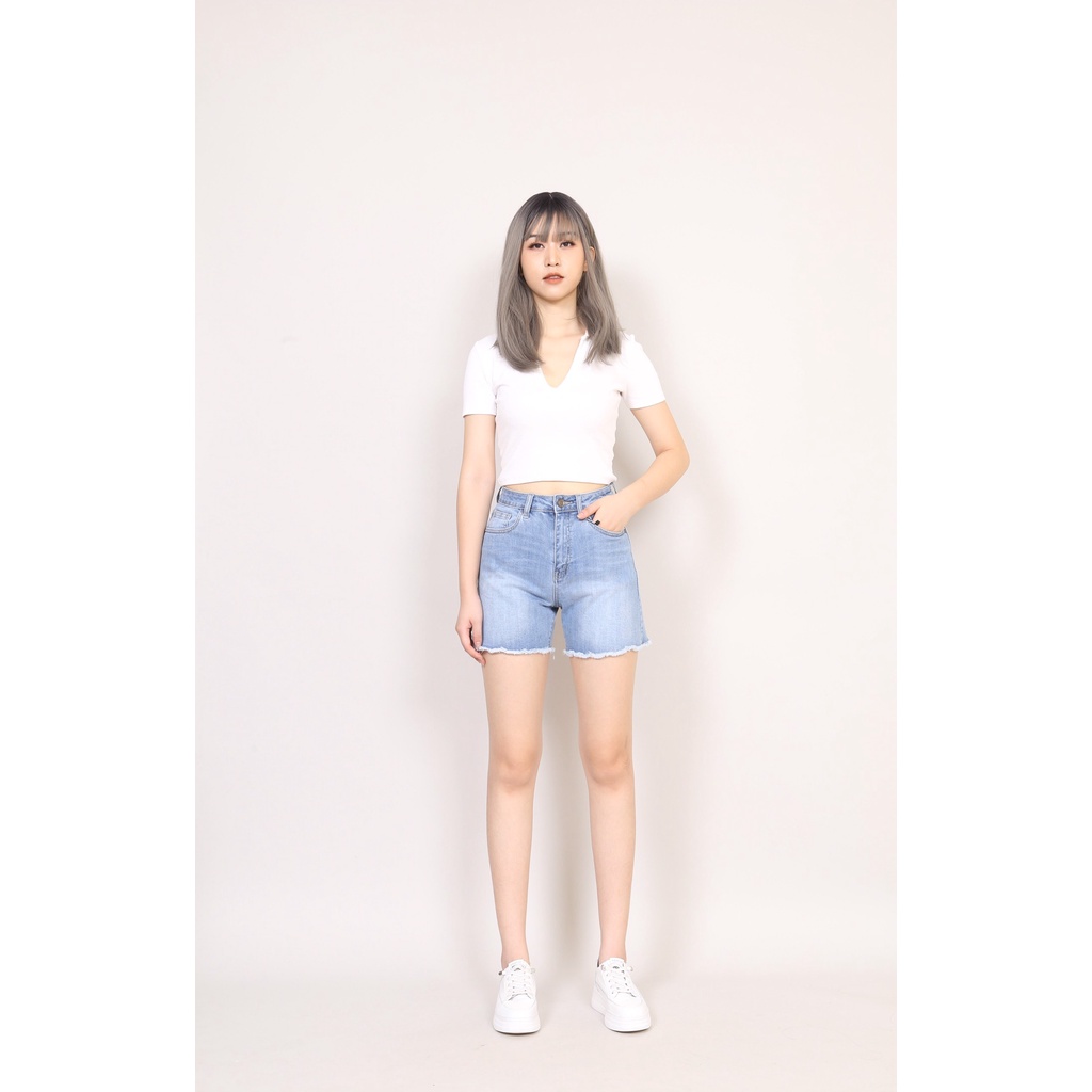 Quần Short Jean Nữ Lưng Cao basic Trơn Gấu Tua Rua CT JEANS