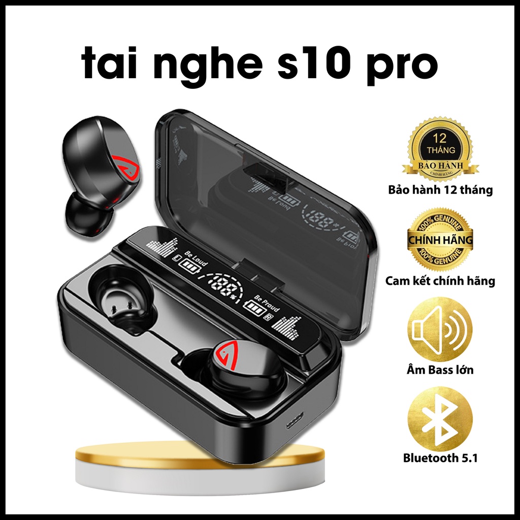 Tai nghe bluetooth S10 Pro V5.2 cao cấp, cảm ứng vân tay, Chống nước IPX7 , nghe nhạc 10h, kiêm sạc dự phòng MÃ S10