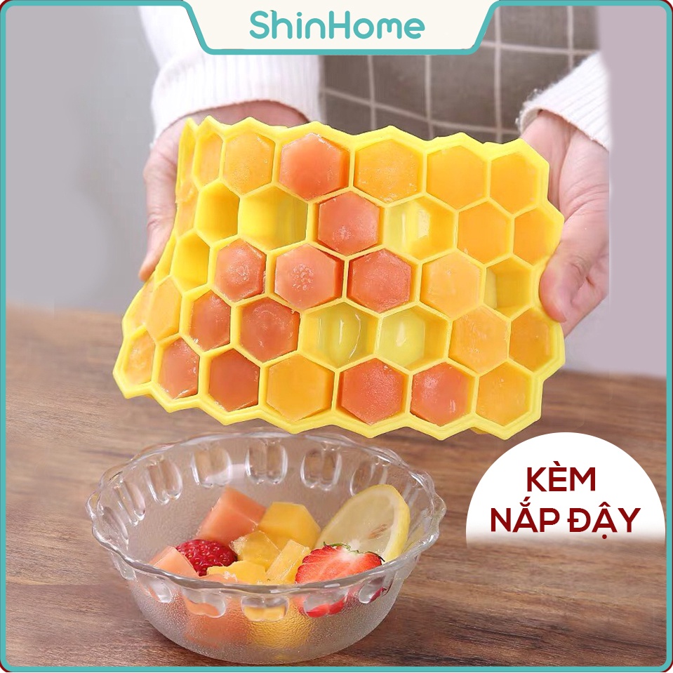 Khay làm đá viên silicon dẻo có nắp đậy chống dính, dễ tách khuôn hình tổ ong ShinHome Baby