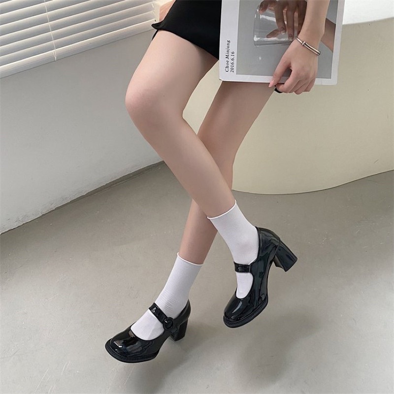 Giày nữ Mary Jane cao gót đế vuông 7p mũi tròn da bóng Eudora899 quai ngang vintage GB18
